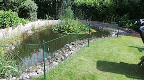 A pond with a green fence, surrounded by grass and rocks.