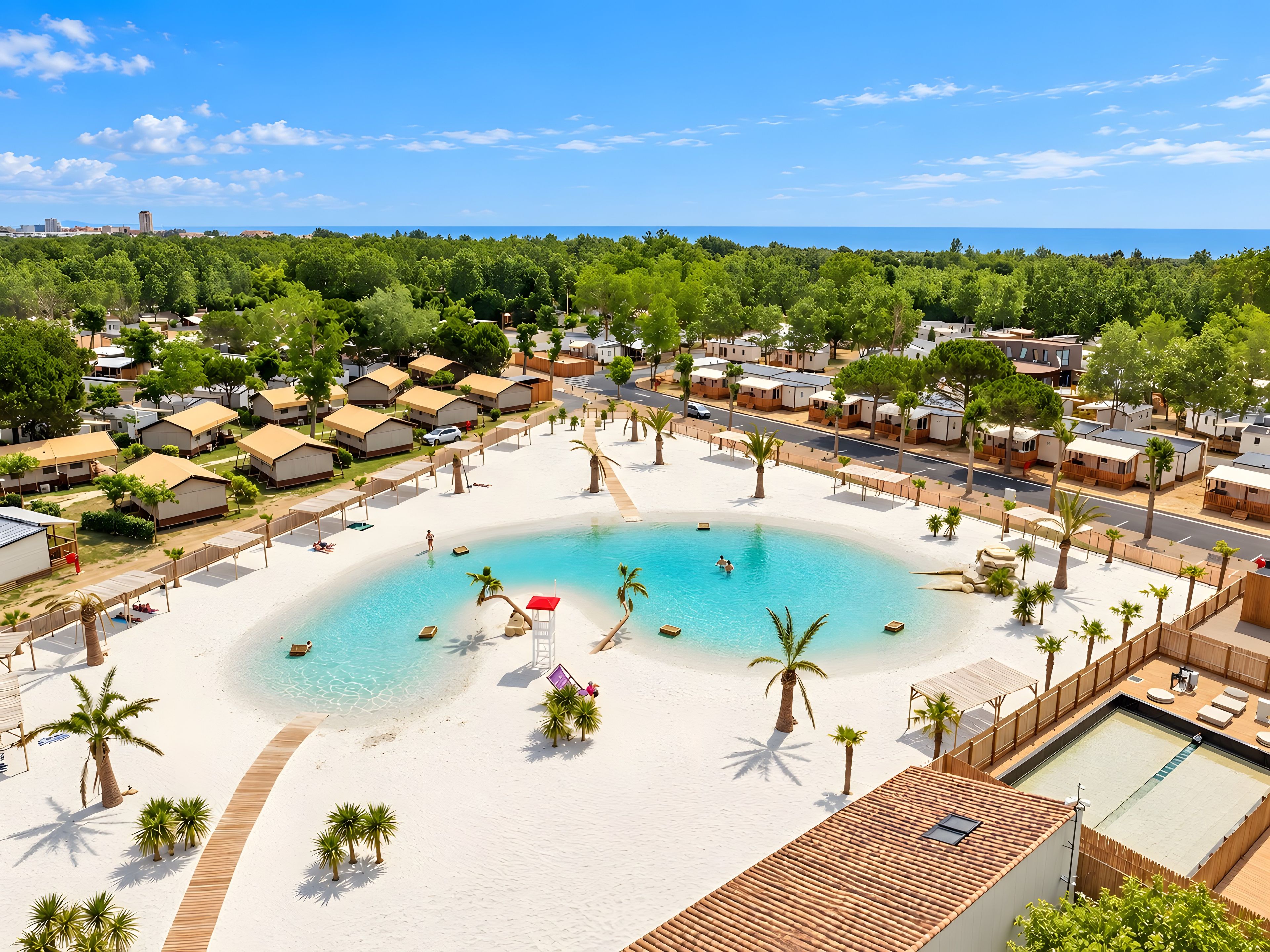 Un complexe hôtelier doté d’une piscine centrale, d’une plage et de plusieurs hébergements de type bungalow.