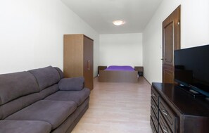 A bedroom with a bed, a wooden wardrobe, a dark-colored sofa, and a television on a wooden cabinet. - Amazing apartment in Crikvenica with WiFi (Crikvenica)
