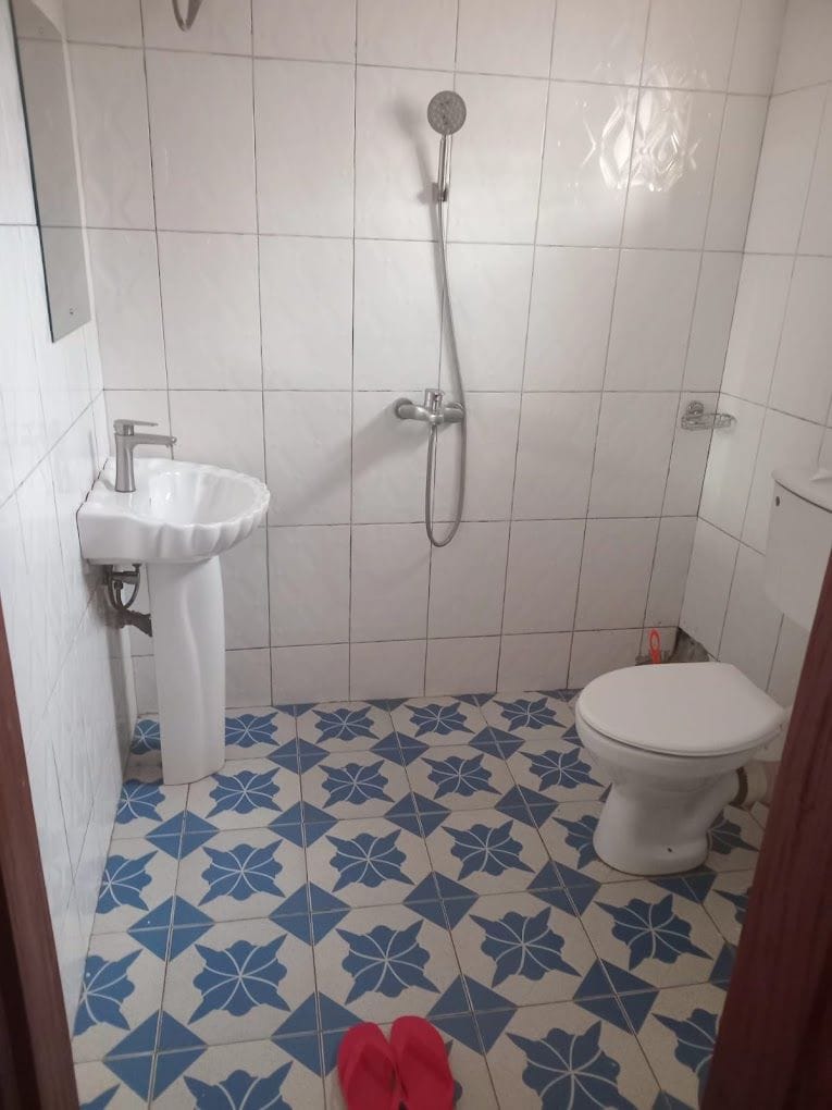 A bathroom with a white sink, a toilet, and a shower.