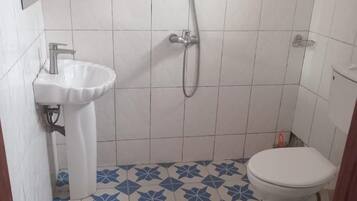 A bathroom with a white sink, a toilet, and a shower.