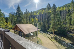 Une cabane avec un toit en métal et des murs en verre, entourée d’une forêt et bordée par une rivière.
