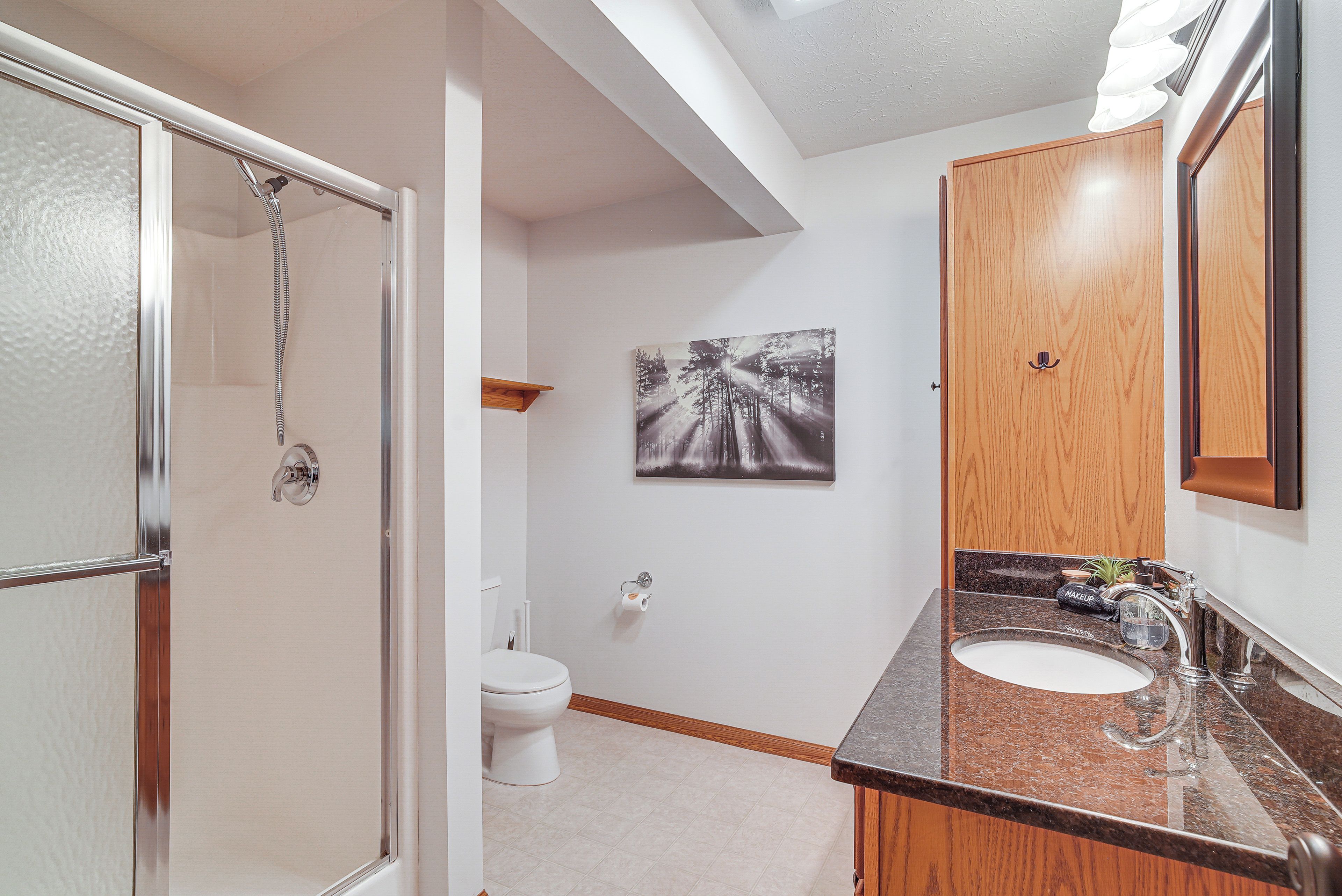 A bathroom with a shower, toilet, sink, and a wall-mounted mirror.