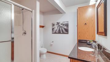 A bathroom with a shower, toilet, sink, and a wall-mounted mirror.