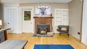 A living room with a fireplace, a blue rug, and a wooden floor.