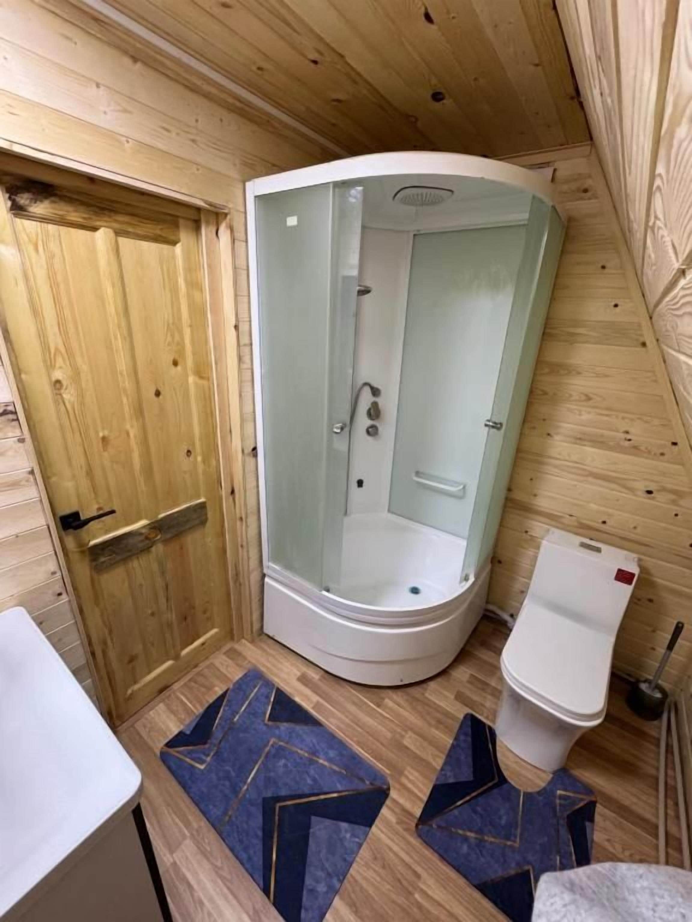 A corner bathroom with a glass-enclosed shower, a toilet, and a wooden door.