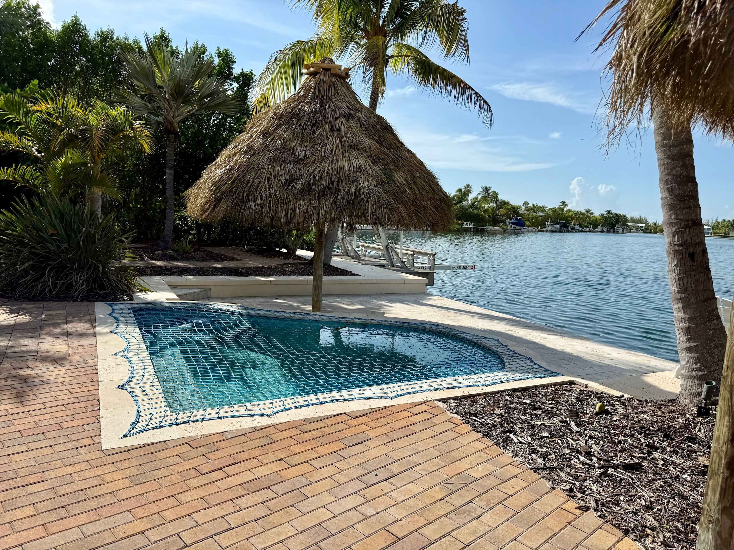 A swimming pool with a thatched roof structure, surrounded by palm trees and a body of water.