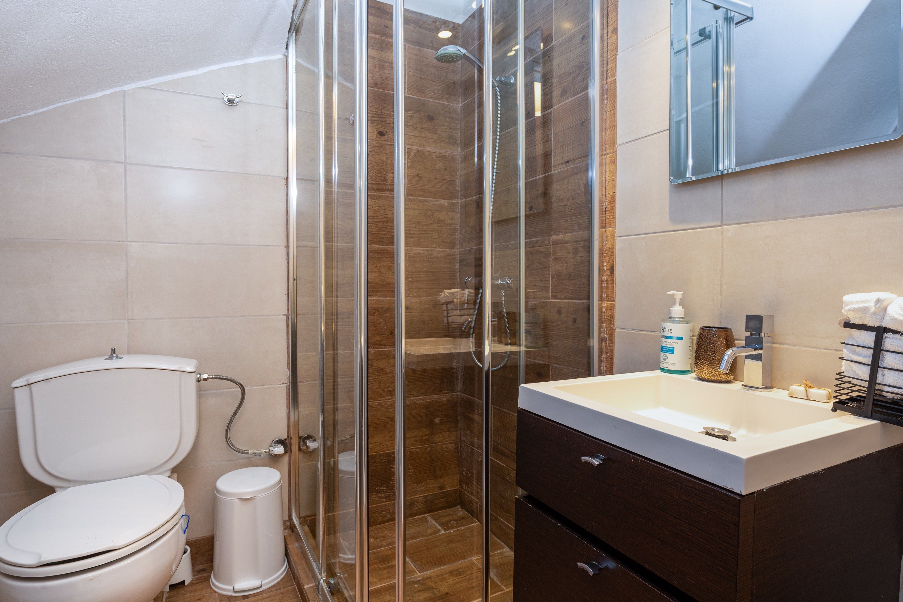 Un baño con ducha de vidrio, inodoro, lavamanos con espejo y un cubo de basura.