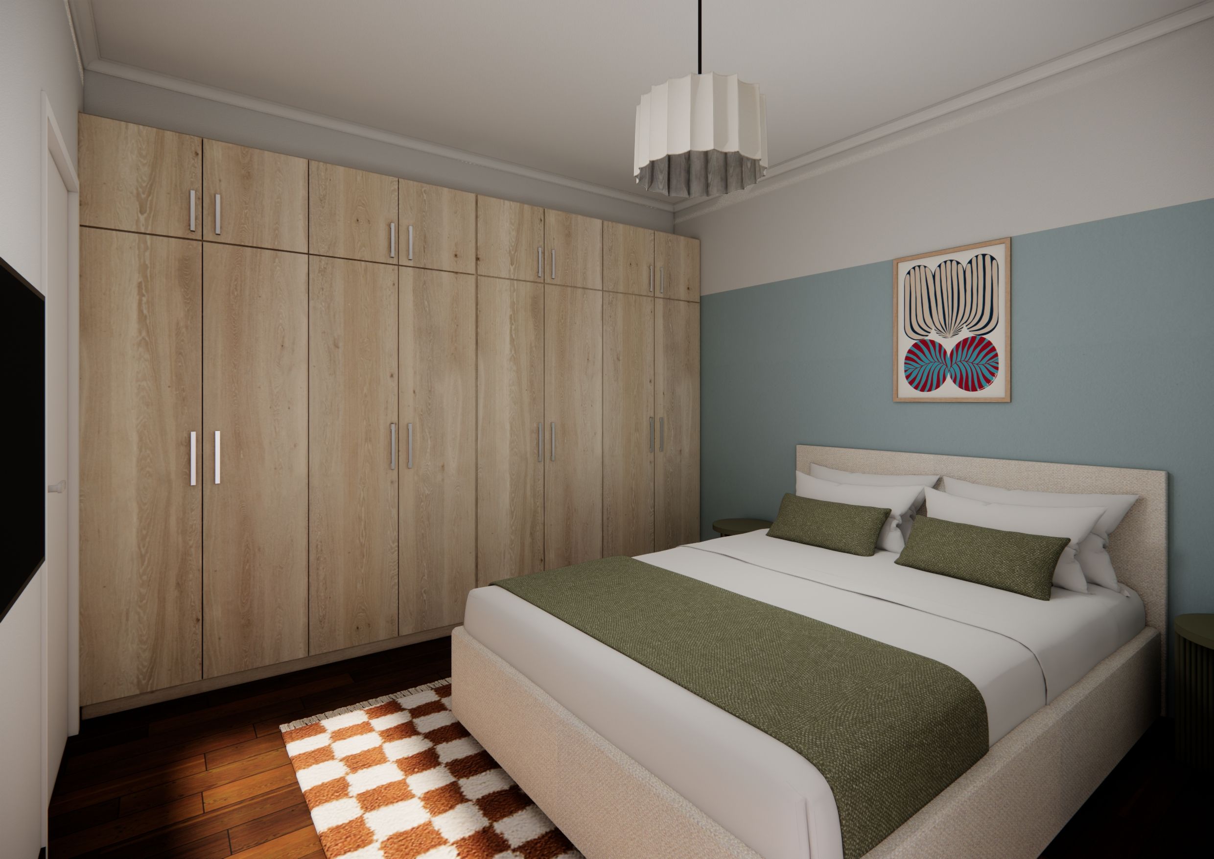Un dormitorio con cama, armario, alfombra a cuadros y una obra de arte en la pared.
