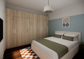 Quarto com cama, guarda-roupa, tapete xadrez e uma obra de arte na parede.