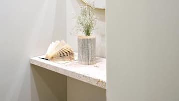 Un baño con tocador, espejo, planta en maceta y señal con número.