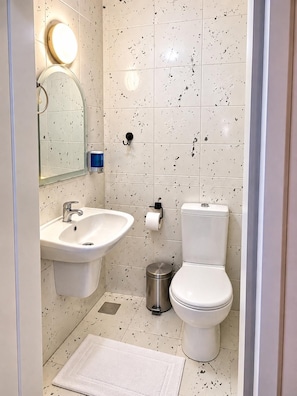 A bathroom with a sink, mirror, toilet, and a trash bin.