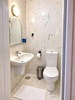 Un baño con lavamanos, espejo, inodoro y un cubo de basura.