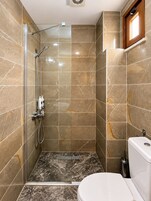 A modern bathroom with a glass-enclosed shower, a toilet, and a sink.