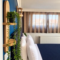 Quarto com cama, almofadas brancas, planta pendente, cabeceira de madeira e janela com cortinas.