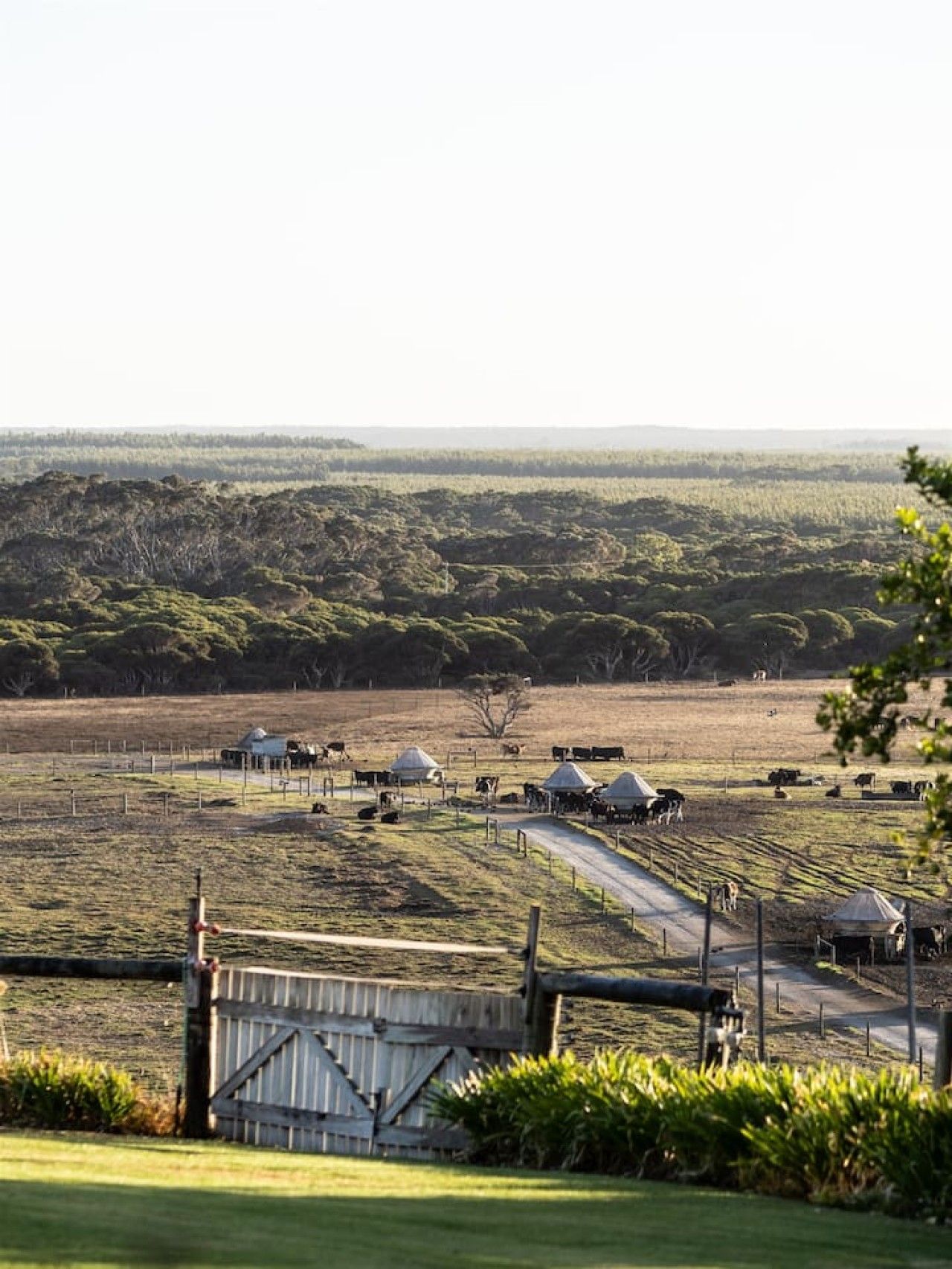 A rural landscape with a fenced area, a road, and several structures that appear to be farm buildings.
