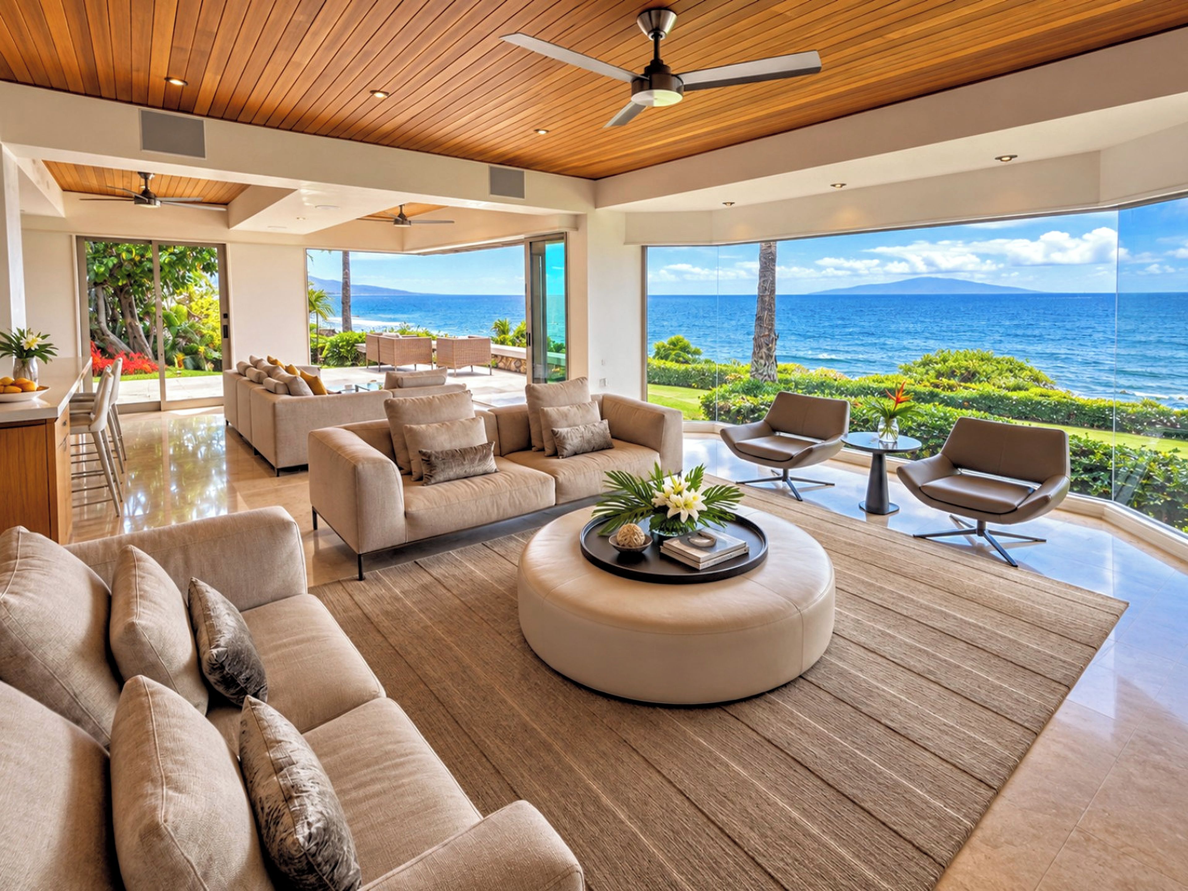 A spacious living area with a view of the ocean, a ceiling fan, and a modern design.