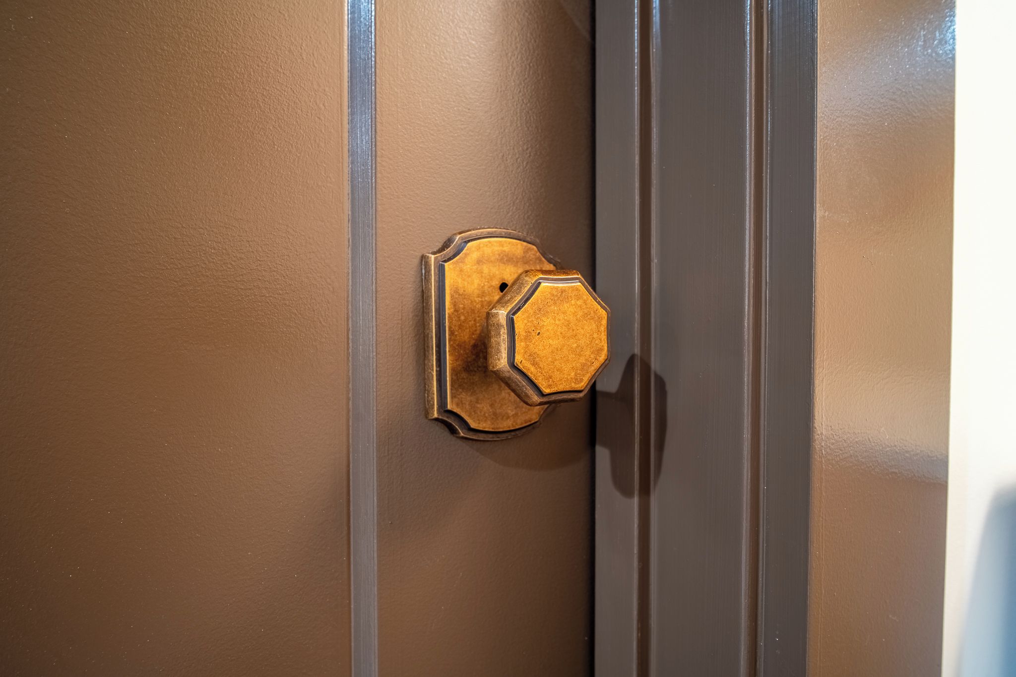 Uma porta com fechadura em tom de bronze e uma faixa metálica vertical.