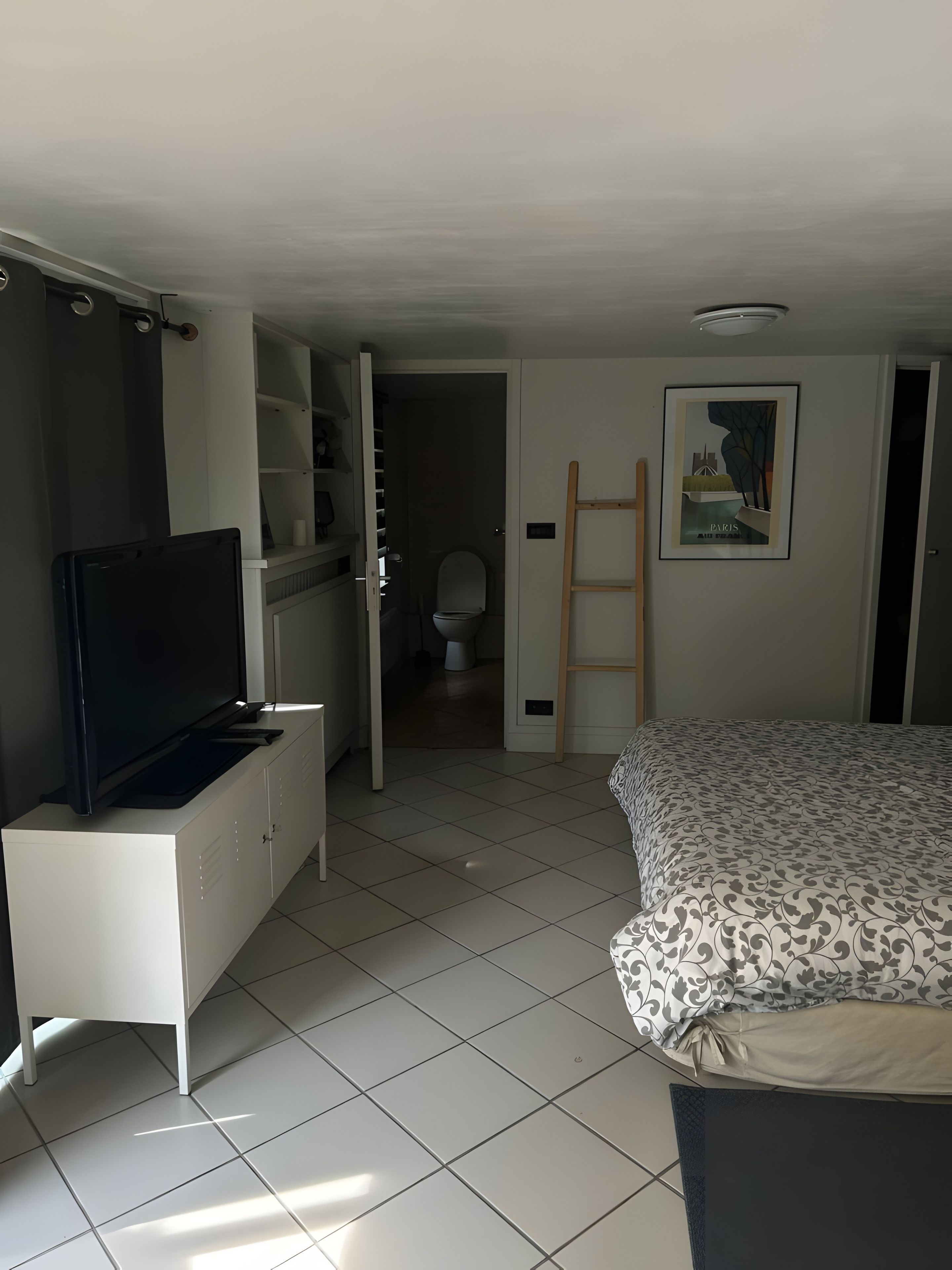 Een kamer met een bed, een televisie op een kast, een badkamer met toilet en een schilderij aan de muur.