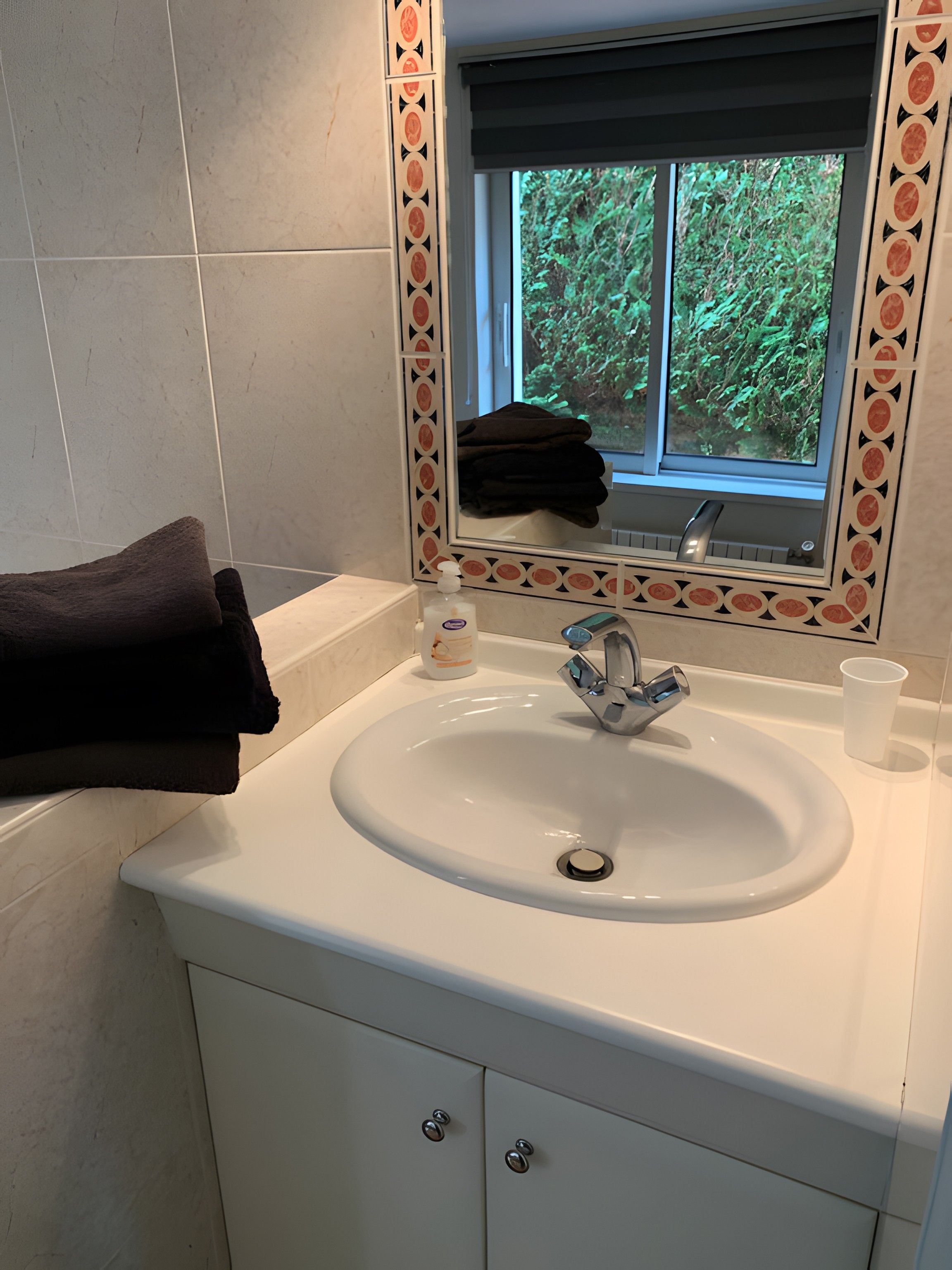 Ein Badezimmer mit einem weißen Waschbecken, einem Spiegel mit dekorativem Rahmen, einem Fenster mit Blick auf Grünflächen und einem Handtuchhalter mit einem dunklen Handtuch.