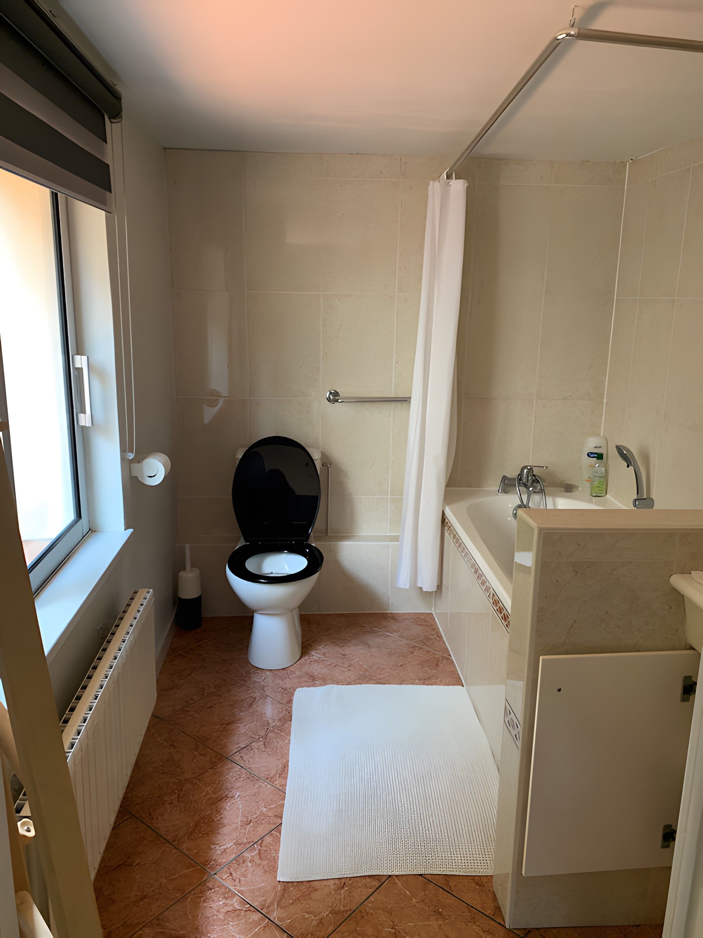 Een badkamer met toilet, douche en bad.