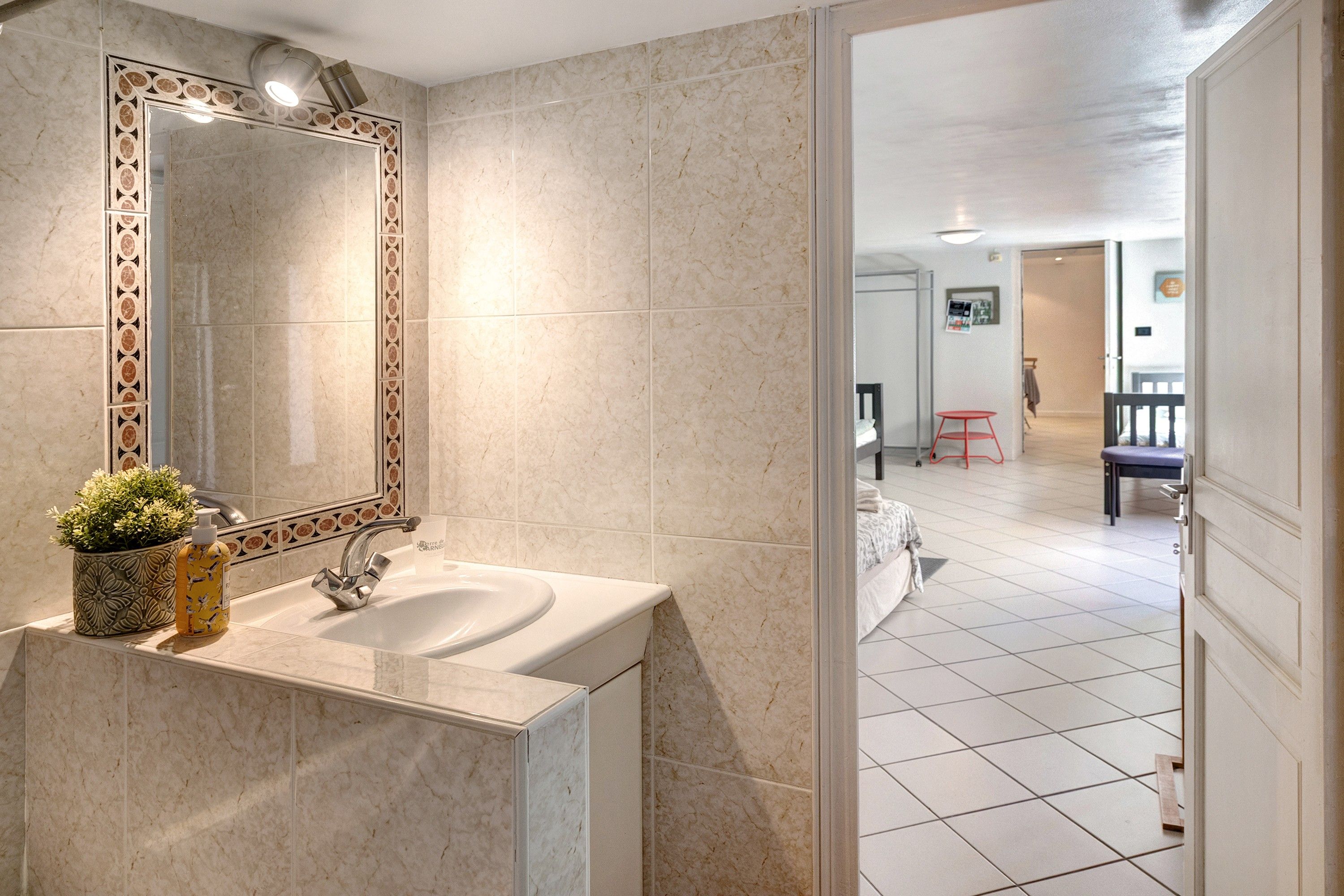 Une salle de bain avec un grand miroir, un lavabo et une plante en pot.