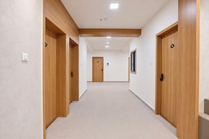 A corridor with wooden doors, a light-colored carpet, and a ceiling with recessed lighting.