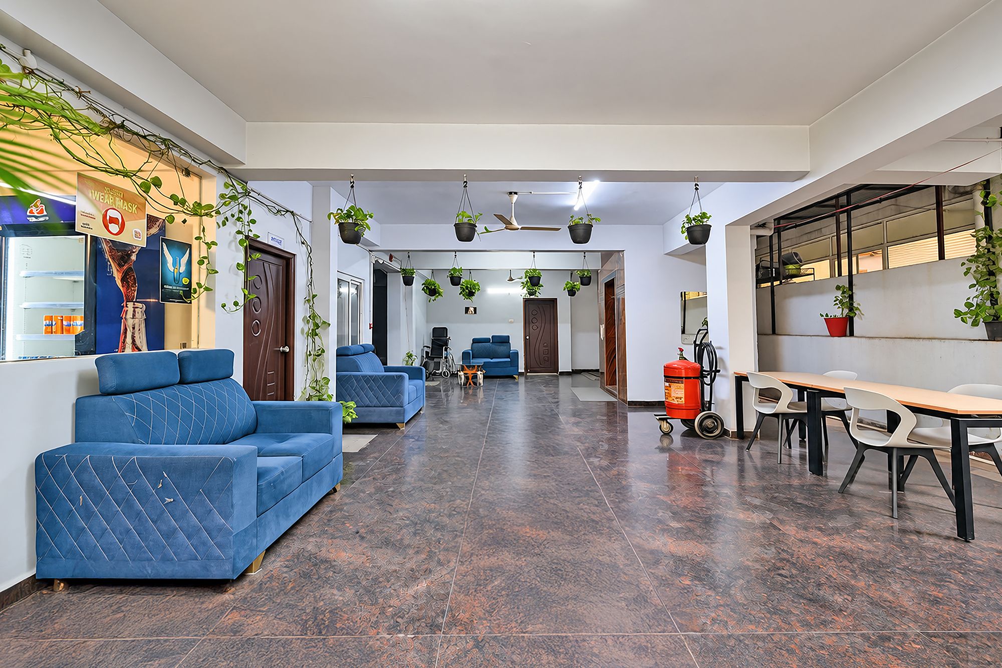 Un vestíbulo de hotel con sofás azules, una recepción y plantas colgantes.