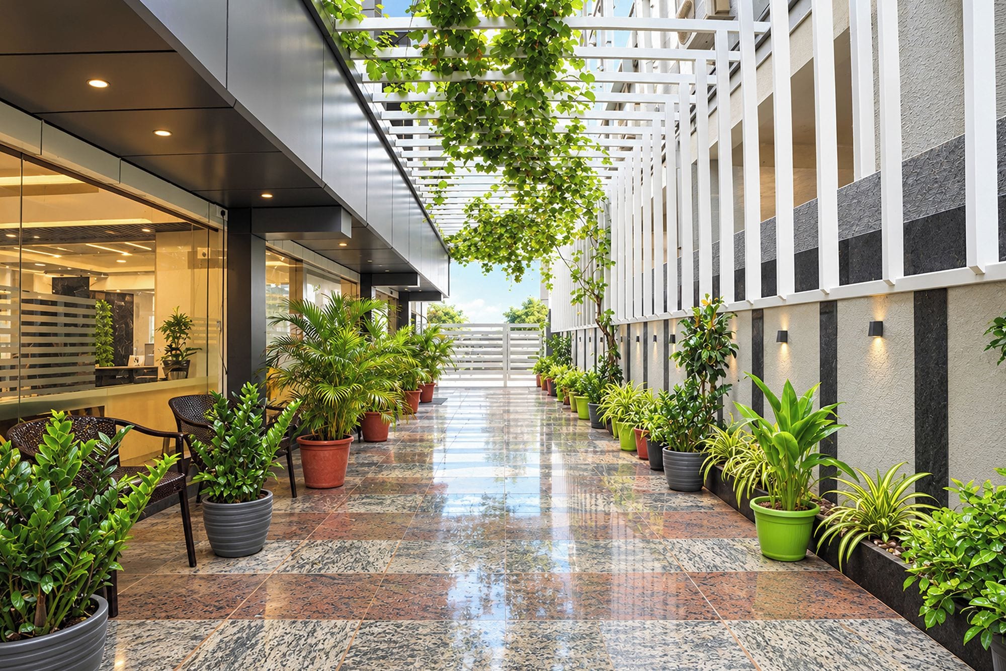 A corridor with potted plants, a wet floor, and a white railing structure.