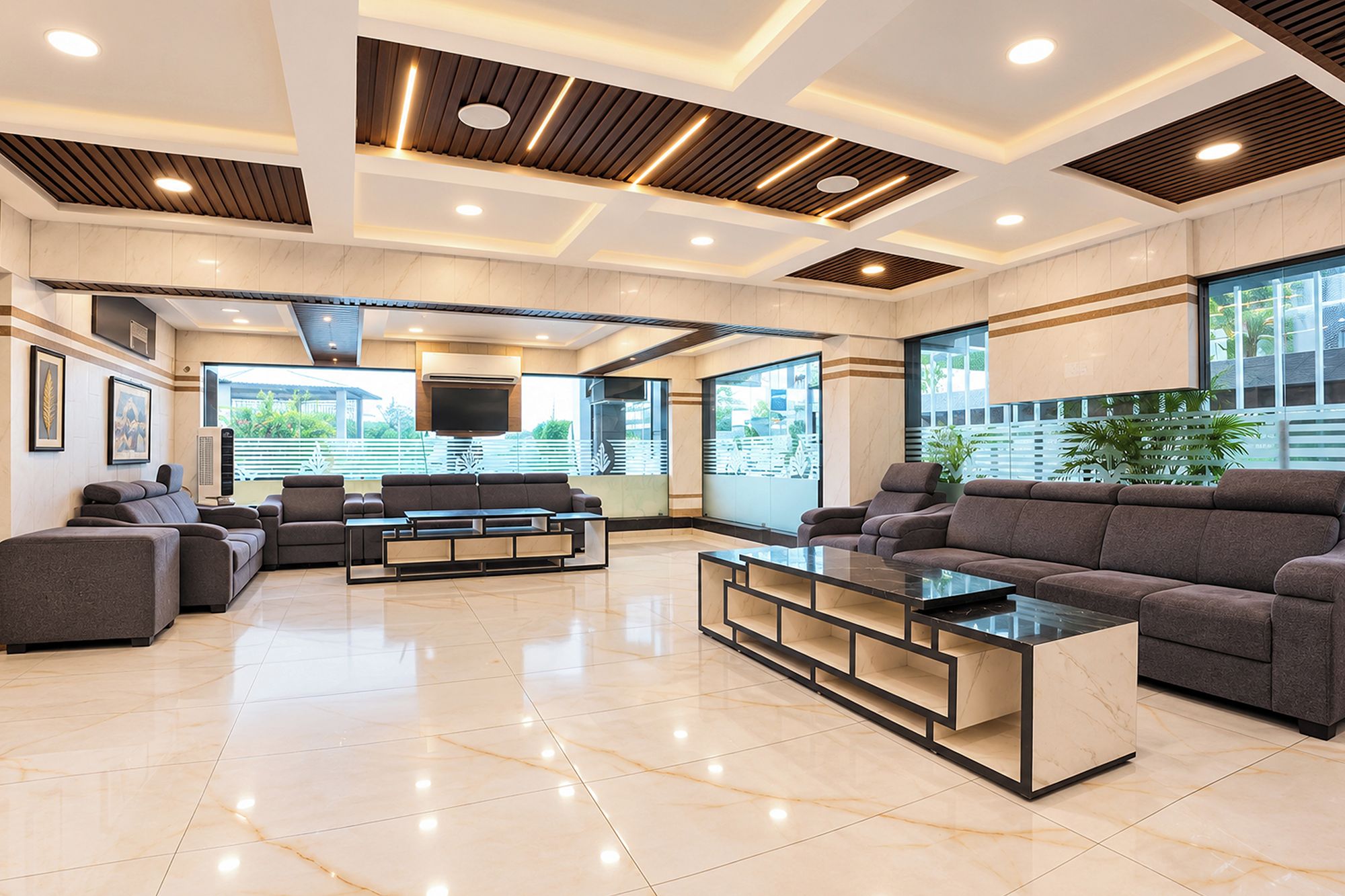 A spacious living area with a large sectional sofa, a coffee table, and a flat-screen TV mounted on the wall.