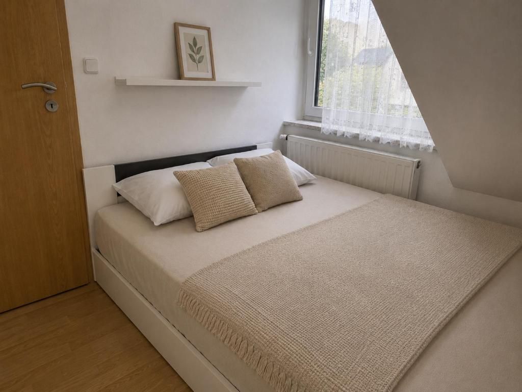 Una camera da letto con un letto, una porta, una finestra e uno scaffale con un quadro.