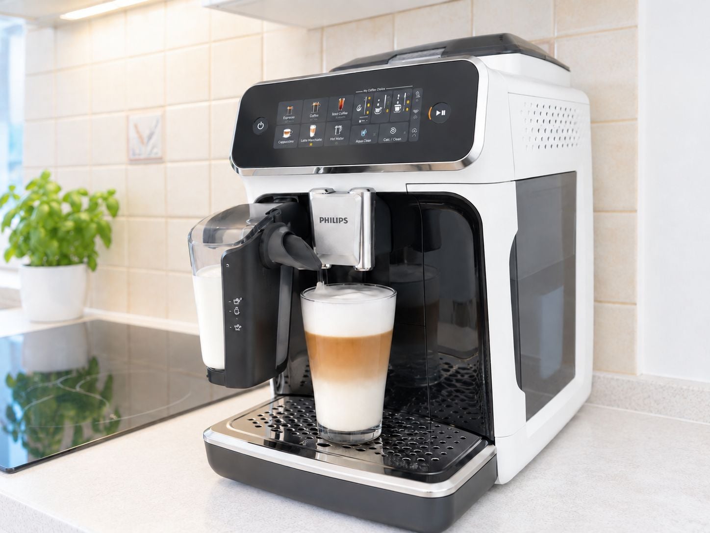 A PHILIPS coffee machine with a glass of coffee on the counter.