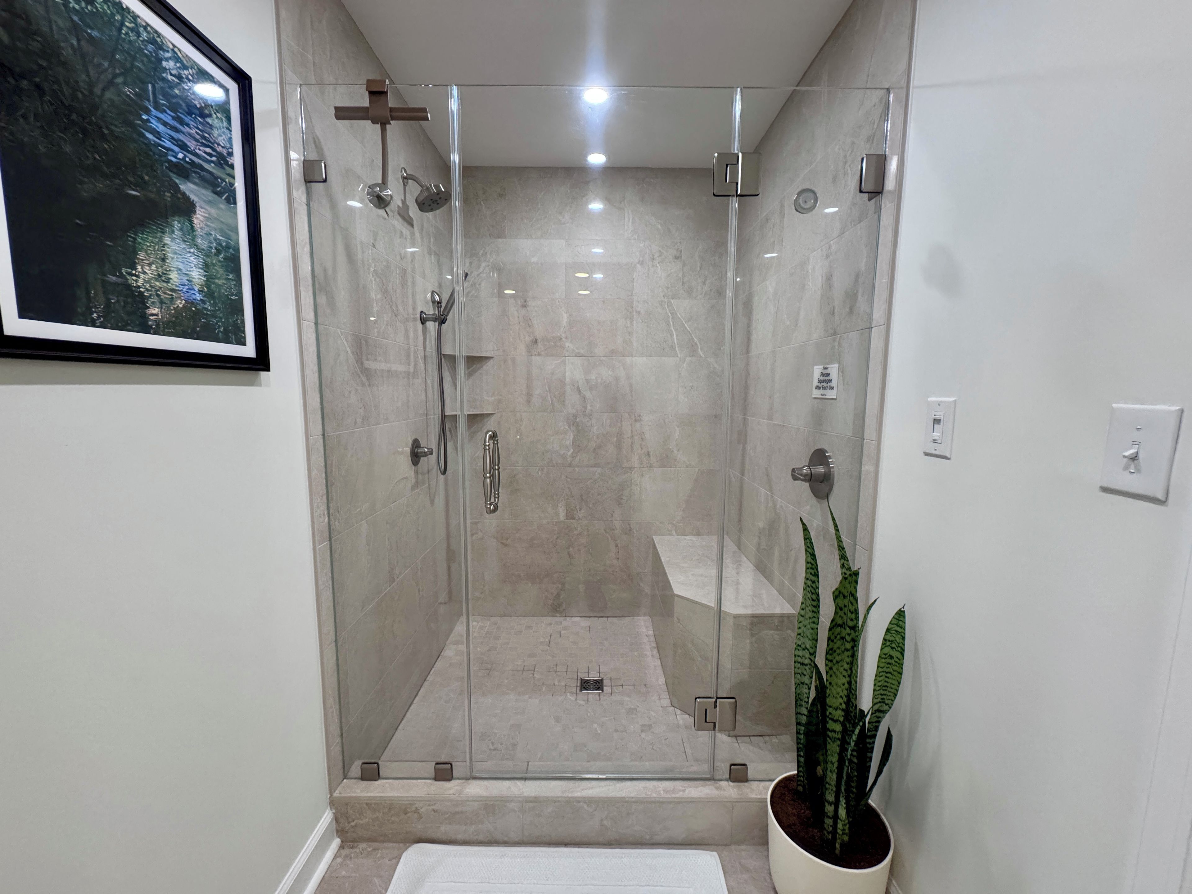 A modern bathroom with a glass-enclosed shower, a white sink, and a potted plant.