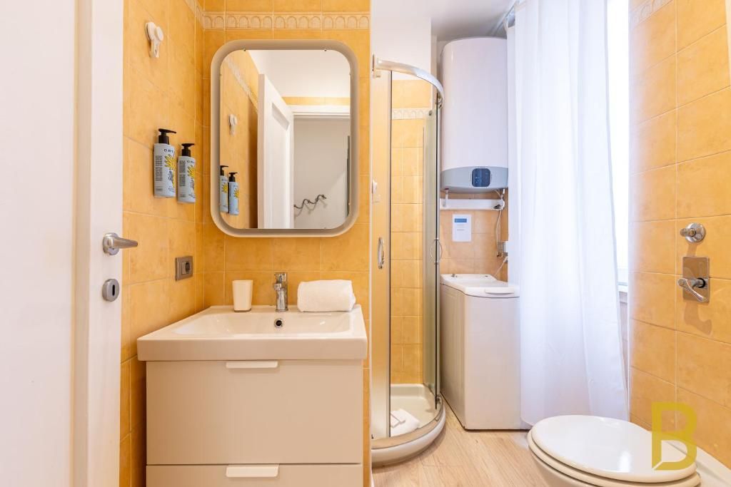 A bathroom with a sink, mirror, and toilet.