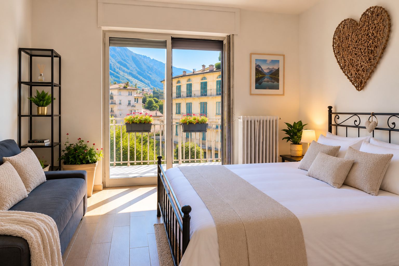 Ein Schlafzimmer mit einem großen Bett, einer Couch, Blick auf die Berge und einem Balkon mit Pflanzen.