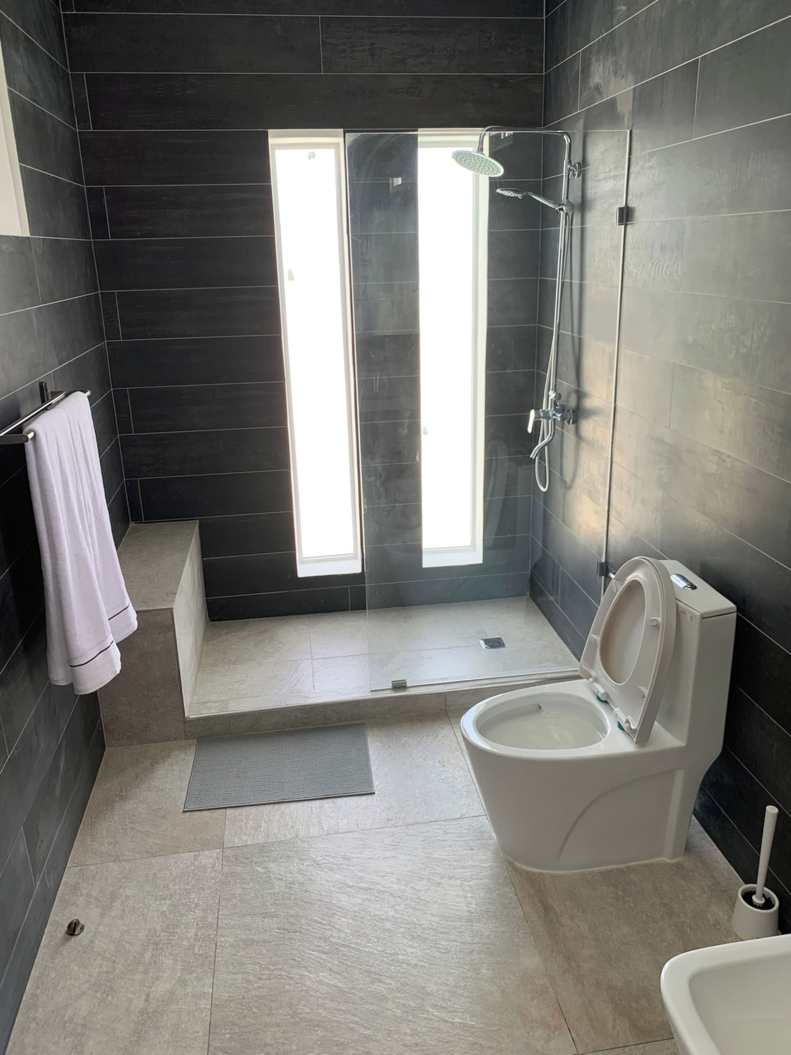 Un baño moderno con ducha, inodoro y un perchero para toallas.