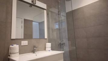A modern bathroom with a glass-enclosed shower, a white sink, and a mirror above it.
