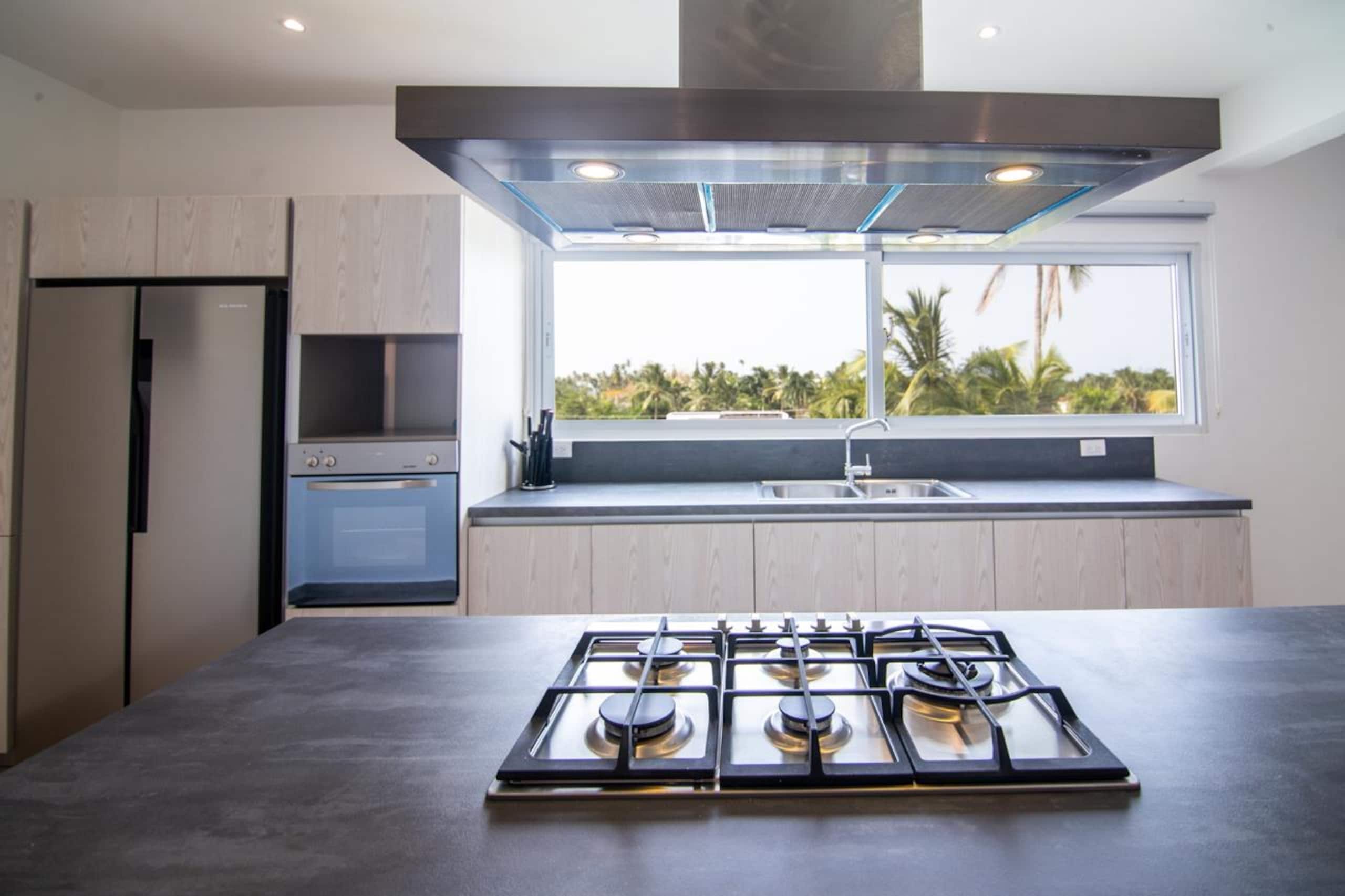A modern kitchen with a gas stove, oven, and a window overlooking a tropical landscape.