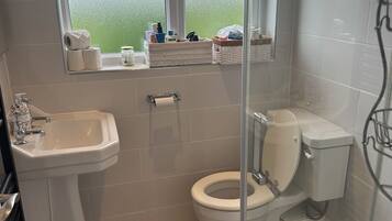 A bathroom with a toilet, sink, and a window with a view.