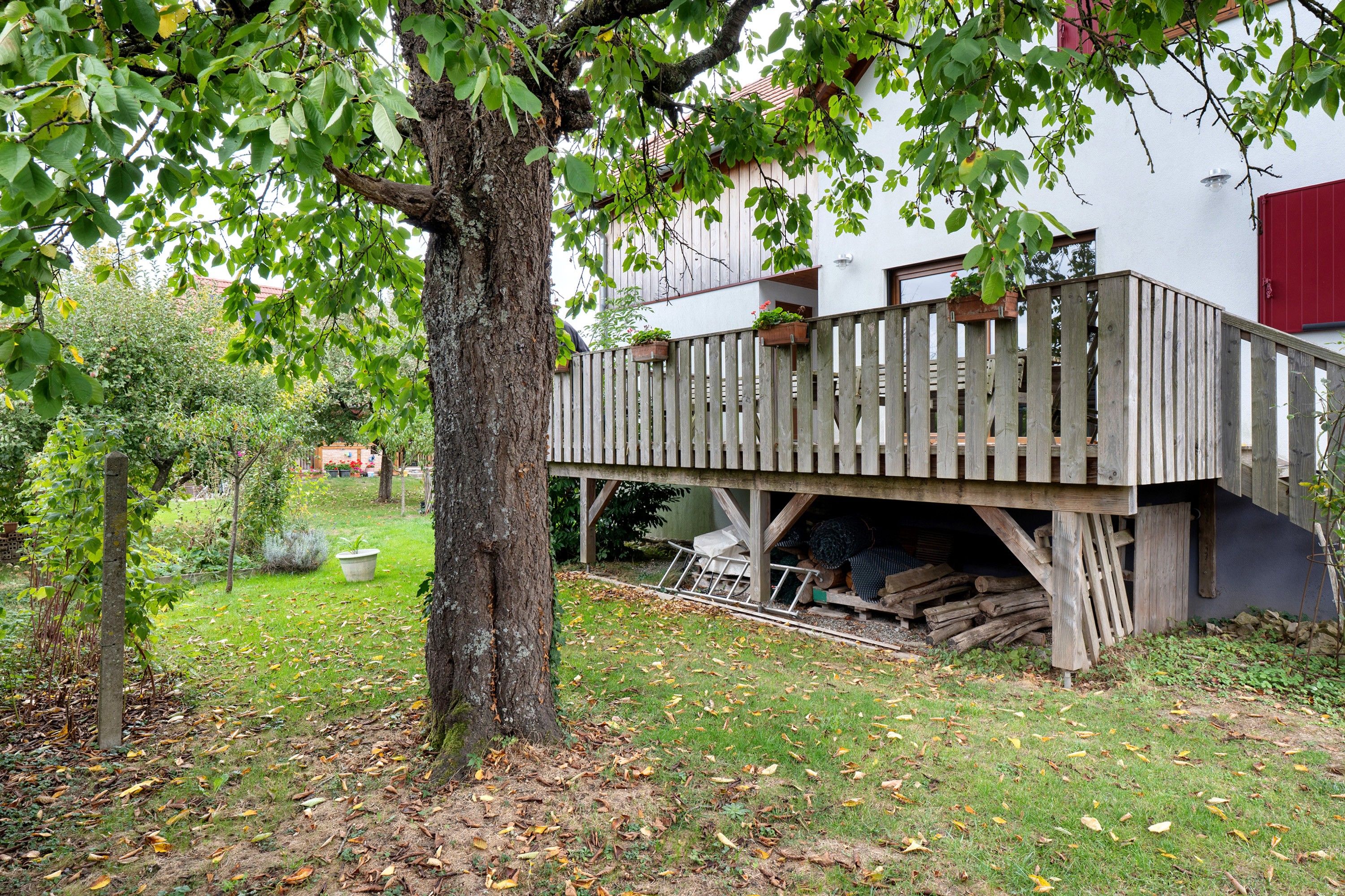 Une terrasse en bois attenante à un bâtiment dont la porte est rouge, entourée d’arbres et d’une zone herbeuse parsemée de feuilles mortes.