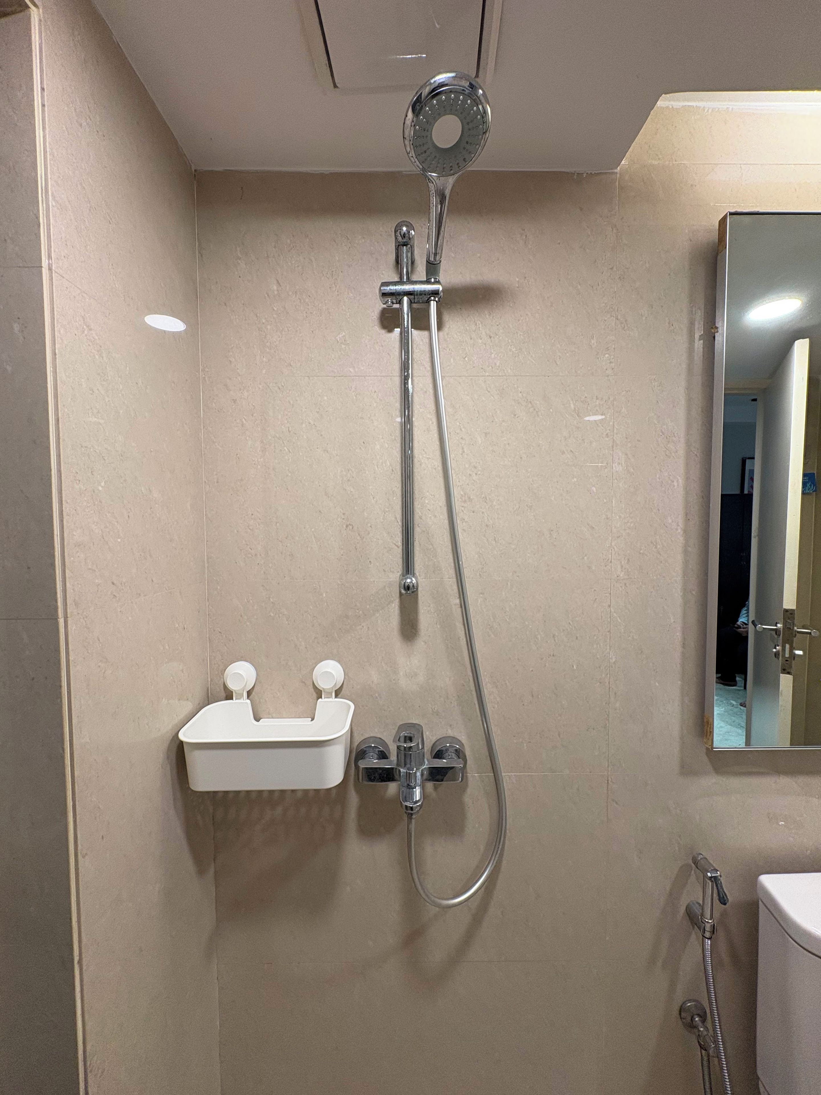 A bathroom with a shower, a sink with a mirror, and a toilet.