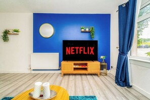 A room with a blue wall, a wooden TV stand, a flat-screen TV with 'NETFLIX' on it, a radiator, a window with a curtain, and a small plant on the wall.