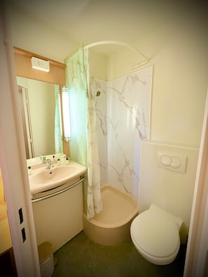 Un baño con lavamanos, espejo, inodoro y ducha.