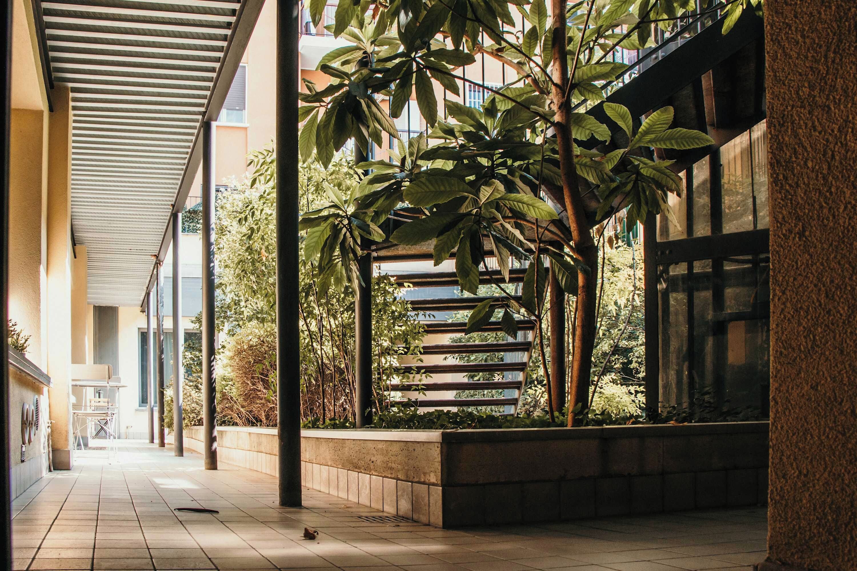 A covered walkway with a tiled floor, surrounded by greenery and a building with large windows.