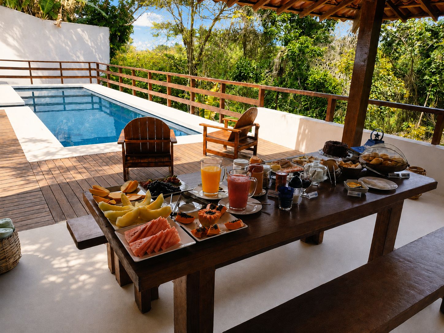 A poolside breakfast setup with a table, chairs, and a variety of food and drinks.
