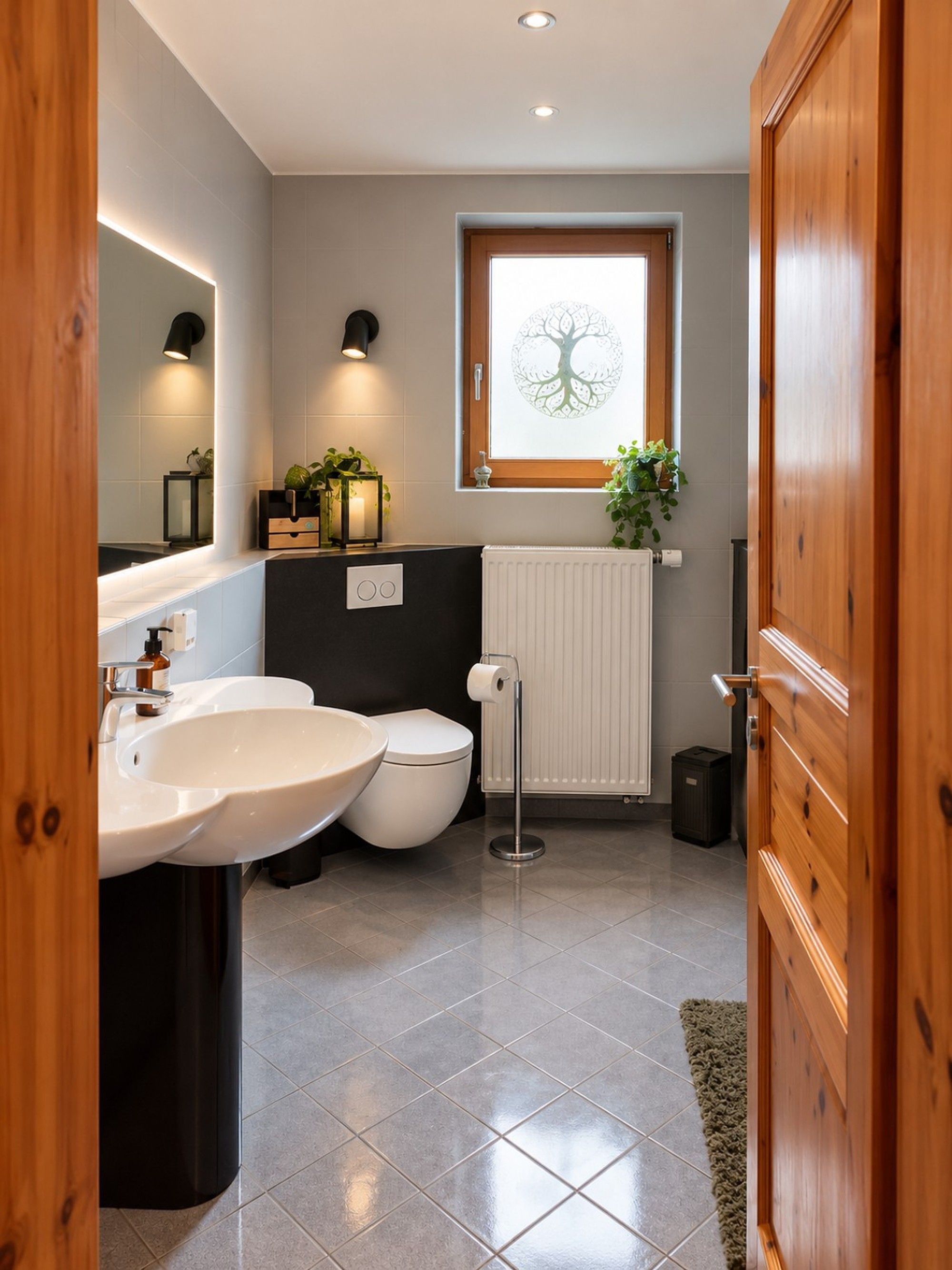 Ein modernes Badezimmer mit einem Doppelwaschbecken, Toilette und einem Fenster mit Baum-Motiv.