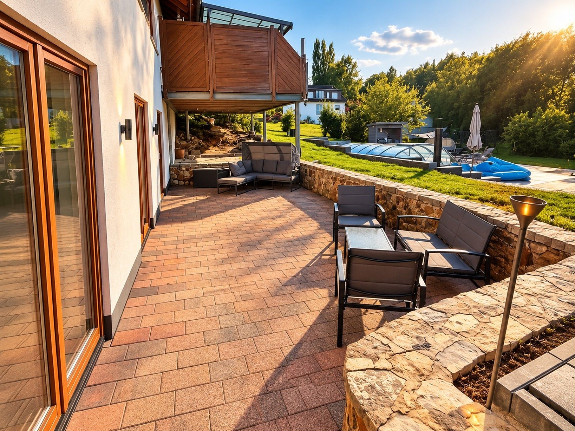 Une terrasse avec des meubles d’extérieur, un mur en pierre et une vue sur une piscine et un espace verdoyant.