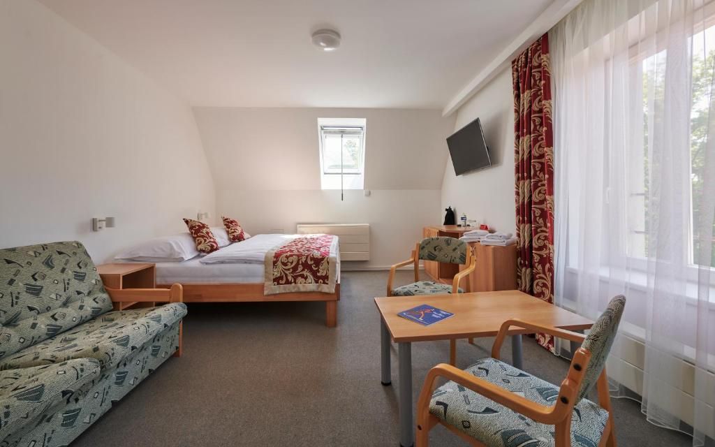A bedroom with a bed, a sofa, a table, and a chair. There is a window with curtains and a TV mounted on the wall.