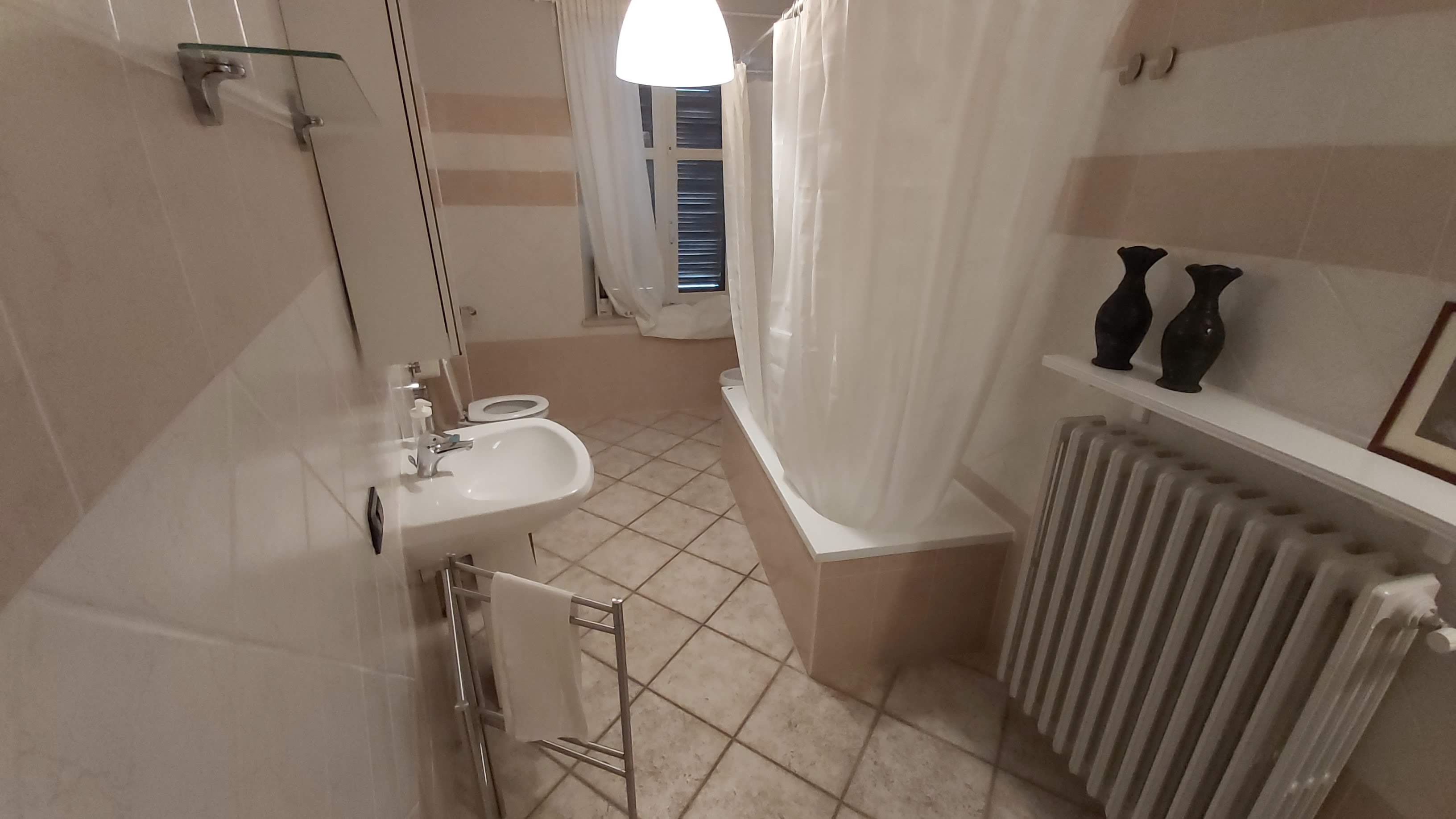 A bathroom with a sink, toilet, shower, and radiator.