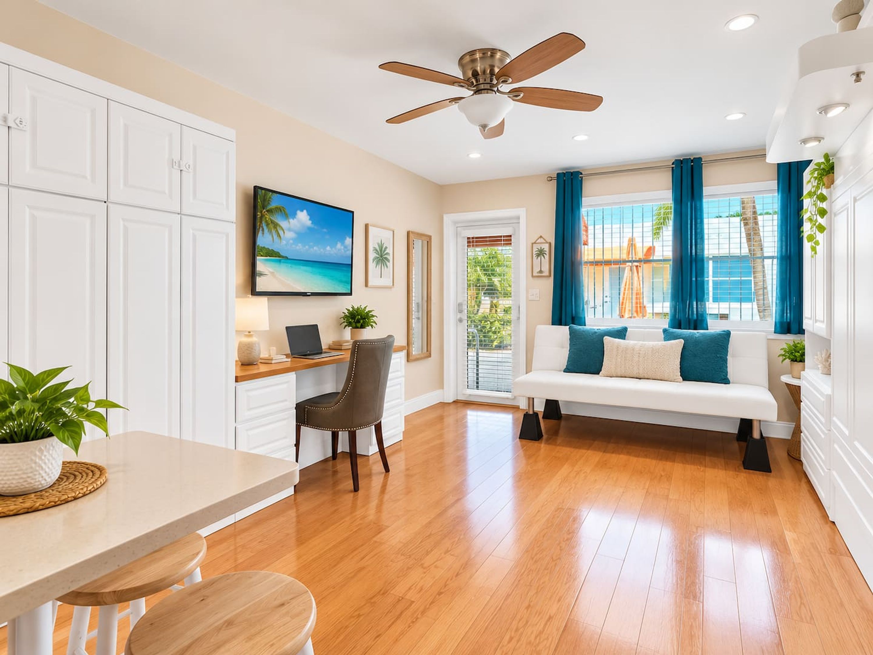 A modern kitchen with a dining area, a ceiling fan, and a view of the outdoors.